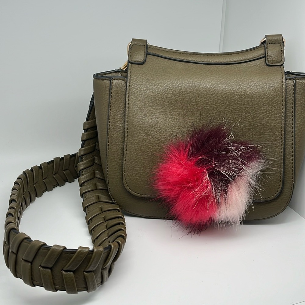 Anthropologie Jules Kae Olive Green‎ Multi Vegan Leather Pom Pom Crossbody Purse